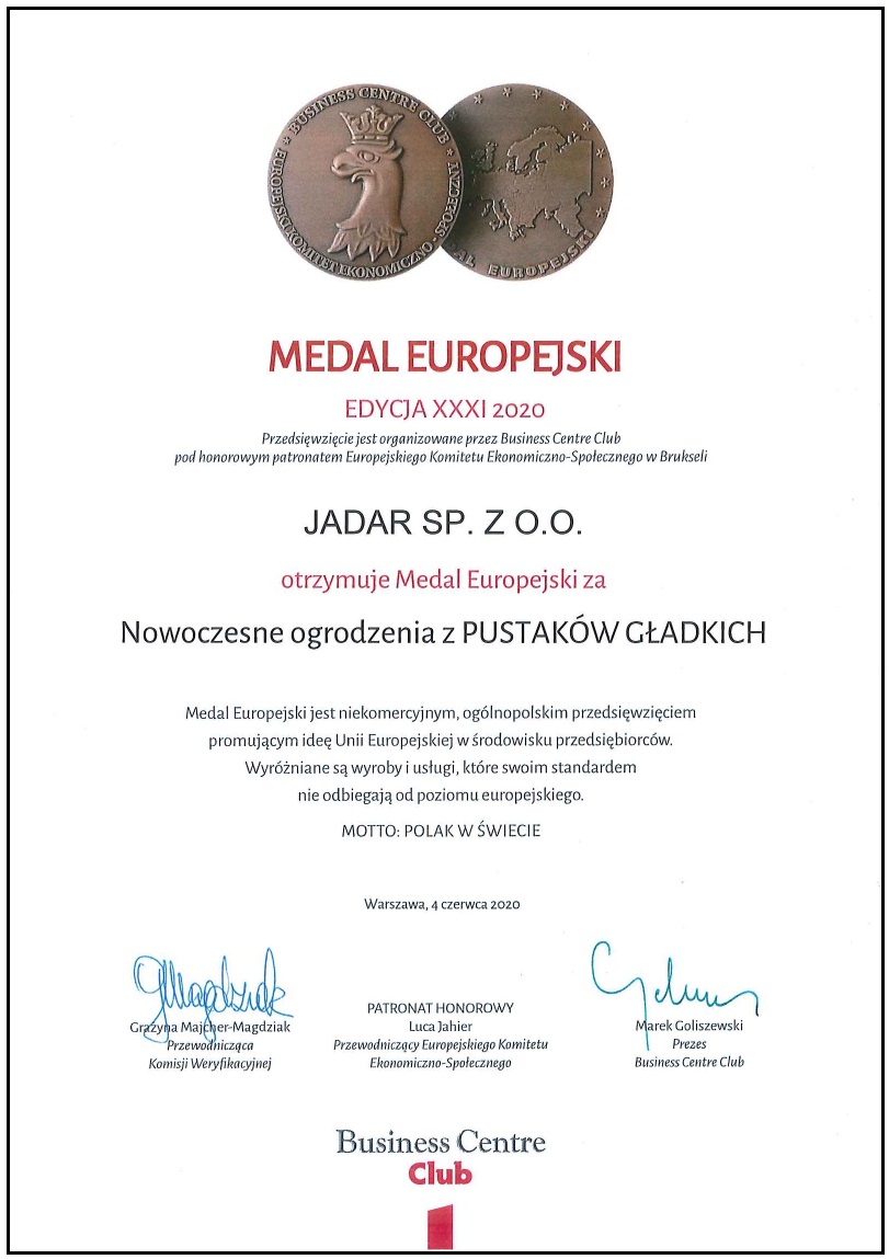 Dyplom MEDAL EUROPEJSKI 2020 JADAR Sp. z o.o. POL